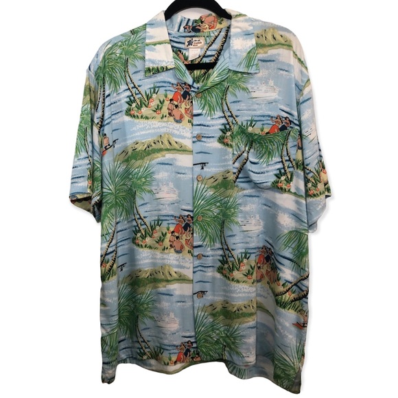 Vintage Cherokee Waikiki Hawaiian Camp Shirt 100% Rayon Large Hula Beach Scene - Picture 1 of 6